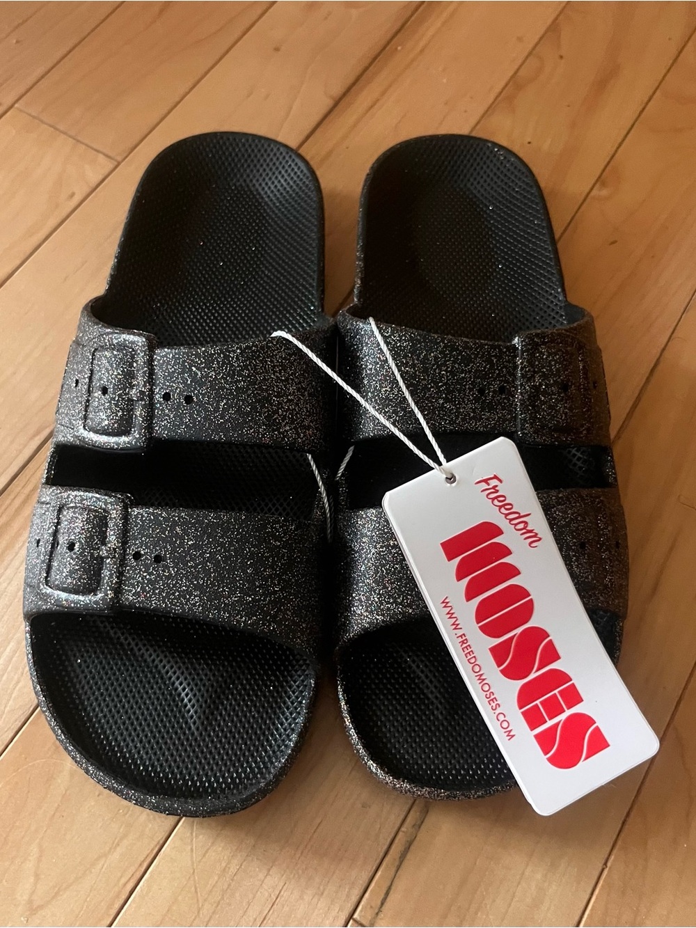 Freedom Moses Black Glitter Double-Buckle Slide Sandals -